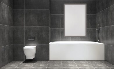 Obraz na płótnie Canvas Spacious bathroom in gray tones with heated floors, freestanding tub. 3D rendering.. Mockup. Empty paintings