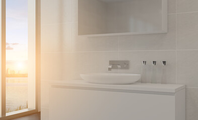 Scandinavian bathroom, classic  vintage interior design. 3D rendering.. Sunset.