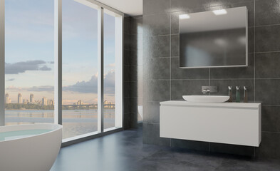 Fototapeta na wymiar Scandinavian bathroom, classic vintage interior design. 3D rendering.