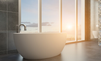 Scandinavian bathroom, classic  vintage interior design. 3D rendering.. Sunset.