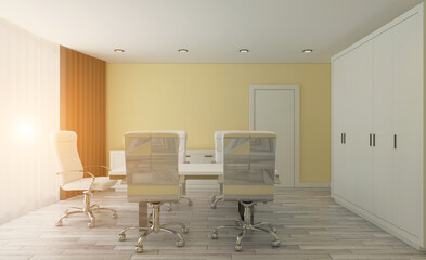 Office interior design in whire color. 3D rendering.. Sunset.