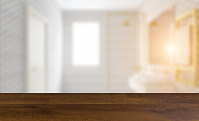 Modern bathroom including bath and sink. 3D rendering.. Background with empty table. Flooring.