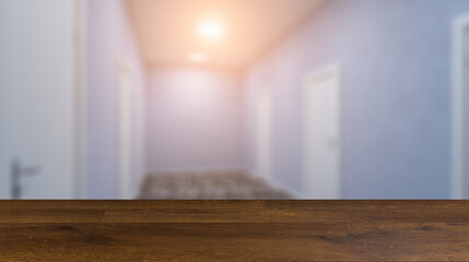 The Corridor in office building. 3D rendering. Sunset.. Background with empty table. Flooring.