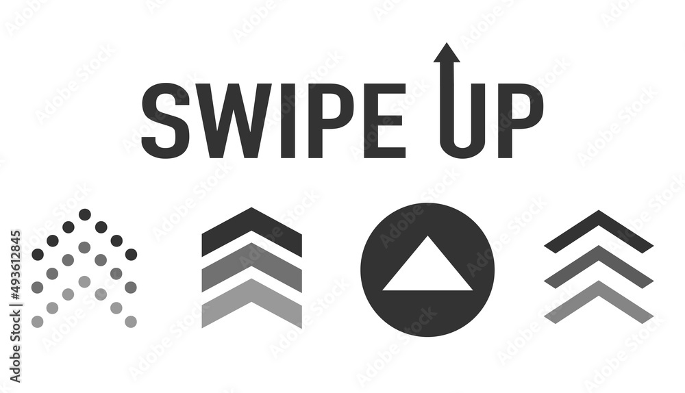 Poster scroll or swipe up. arrows, swipe up buttons and web icons for advertising and marketing in social m
