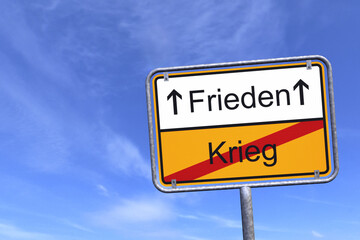 3d Illustation - Ortsschild - Ortstafel - Krieg - Frieden - Himmel - Wolken