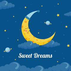 Sweet dream lullaby illustration concept for baby with asleep crescent moon at blue night sky