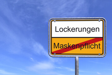 3d Illustation - Ortsschild - Ortstafel - Maskenpflicht - Lockerungen - Himmel - Wolken