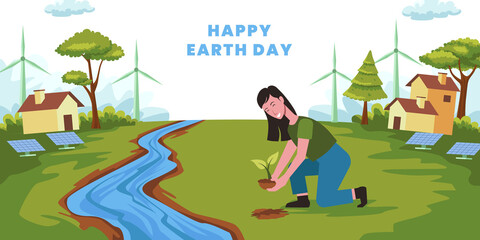 Woman planting for ecosystem with green landscape with clean energy for happy earth day concept illustration