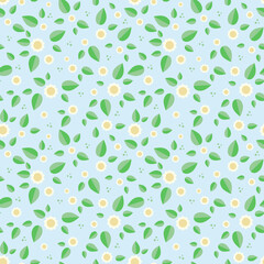Seamless blue background with wild flowers daisies and green leaves. Chamomile cartoon drawing, vector illustration. Pastel colors. Mother's day, Easter, Spring day. For fabrics, upholstery, covers
