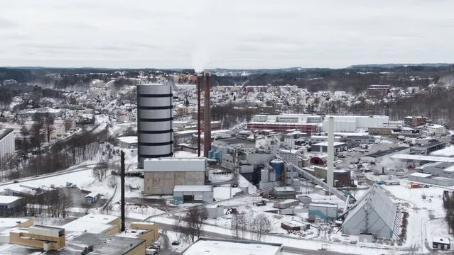 Birds eye view of Energy and Environmental Centre or EMC in winter season with snowy landscape. Boras, Vastra Gotaland in Sweden. 