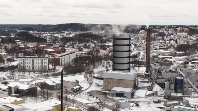 Boras, Vastra Gotaland in Sweden. Aerial drone view of Energy and Environmental Centre or EMC in winter season with snow