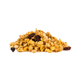 muesli with raisins on a white background