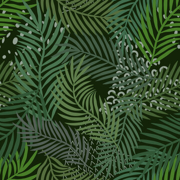 Seamless pattern of palm leaves on a dark background.