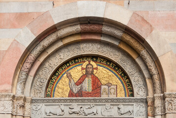 Obraz premium Mosaic of Jesus Christ above the entrance to the Basilica of San Babila in Milan Italy