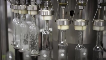 Vodka bottling conveyor. Equipment for filling empty bottles with liquid. The process of production of alcoholic beverages.