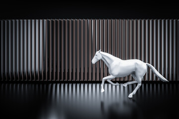 White horse running  on black column pattern. Glossy White Strong horse in Elegant running Pose on abstract Dark background. Business Strategy planning and leadership Concept.  3D Illustration. 