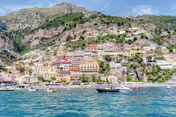 Amalfi coast, Italy - July 01 2021: View of the village of Positano along the Amalfi Coast in...