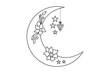 floral moon outline, moon line art drawing with flower, moon mandala