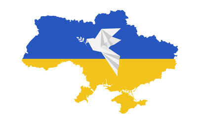 Flying Dove of Peace in polygonal style on background with Ukrainian Map