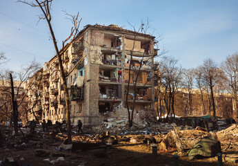 Damaged residential buildings in the aftermath of  shelling in Kyiv