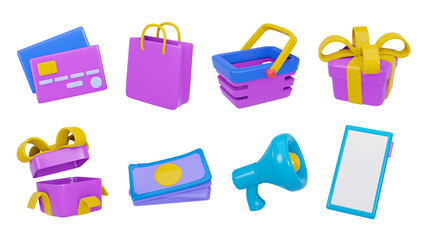 Online shop 3d render realistic vector icon set. Card, bag, basket, gift, gift open, money, promotion, phone