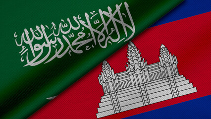 3D Rendering of two flags from  Saudi Arabia and Kingdom of Cambodia together with fabric texture, bilateral relations, peace and conflict between countries, great for background