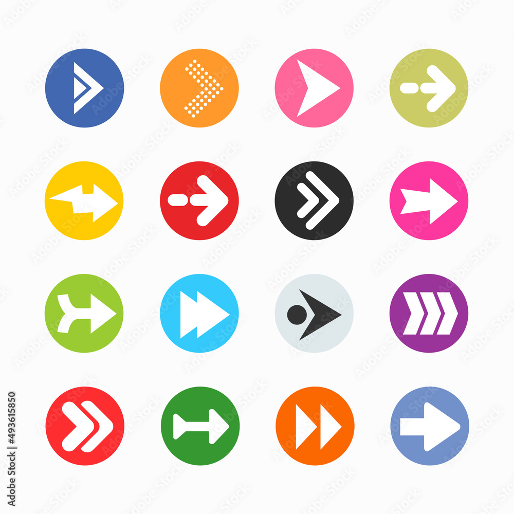 Poster arrow sign icon set. simple circle shape internet button on gray background.