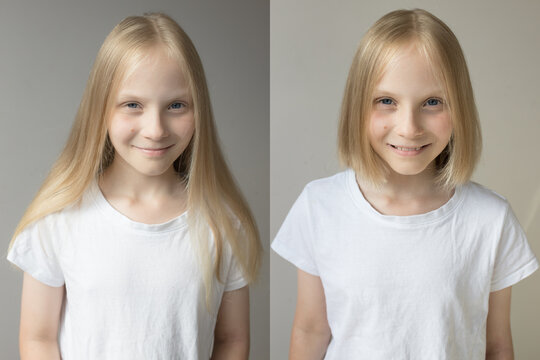 A young girl with long blonde hair, an image before and after her hair cut into a short bob.