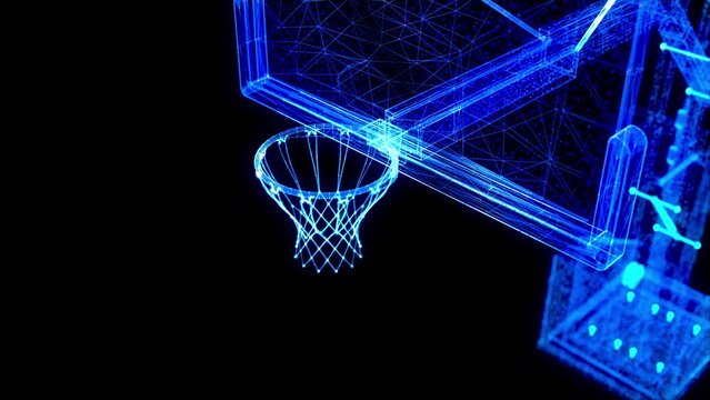 Basketball net and hoop glow line 3d Model. Blue particles and lines form basketball stand.