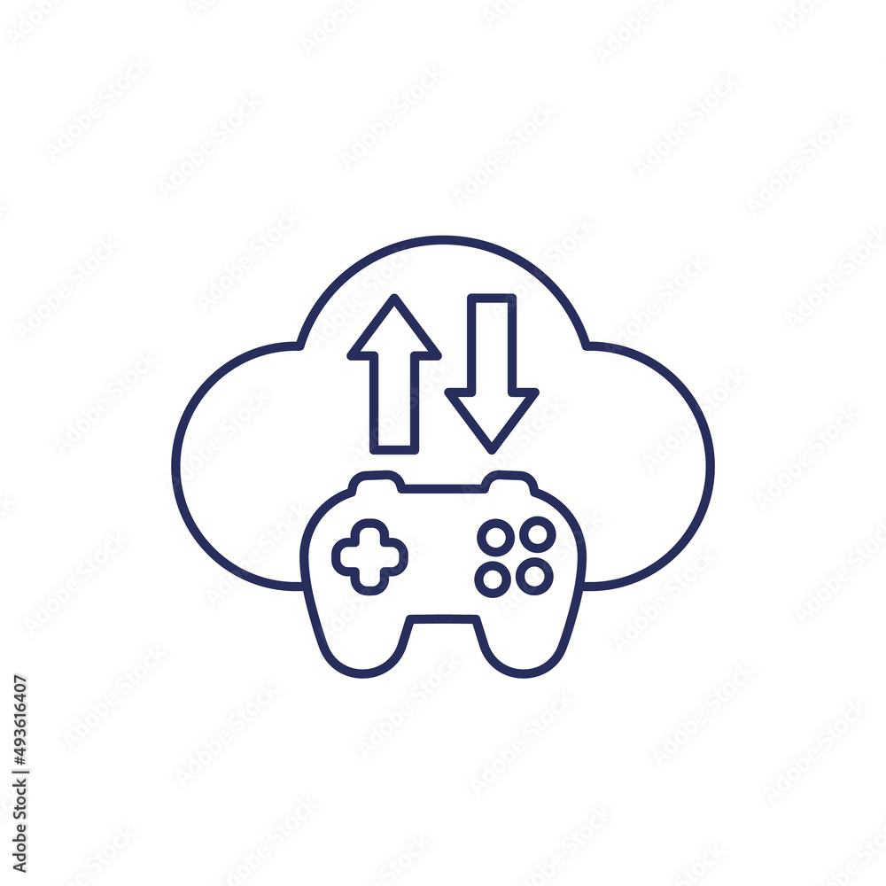Poster game server line icon with gamepad and cloud
