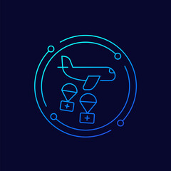 humanitarian aid line icon with an airplane, vector