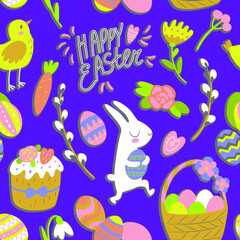 Cartoon Easter seamless pattern with text, flowers, eggs, sweets, chick and rabbit. International holiday celebration concept. Flat vector illustration isolated on purple background. 