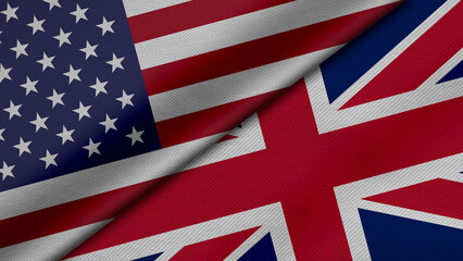 3D Rendering of two flags from United States of America and United Kingdom or Britain together with fabric texture, bilateral relations, peace and conflict between countries, great for background