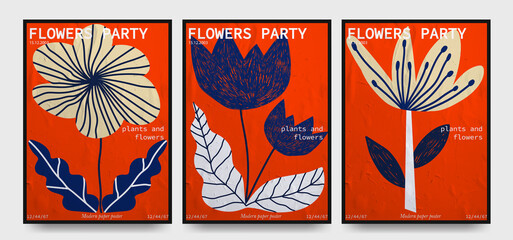 Fototapeta na wymiar Collection of abstract posters with flowers with paper texture on isolated background
