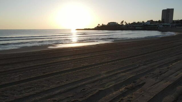 The day begins on the beach. Aerial Views from Playa del Arenal, Javea, Marina Alta in Alicante, Spain