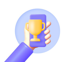 Winner smartphone in 3d style. Using telephone. Modern mockup for mobile app design. 3d modern smartphone mockup. Vector illustration