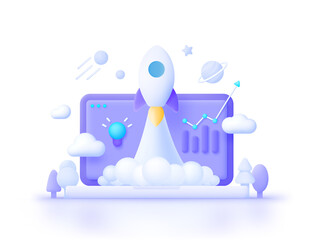 Startup, space, business concept. Cartoon startup for concept design. Abstract illustration with startup for concept design. Spaceship launch. 3d Vector illustration