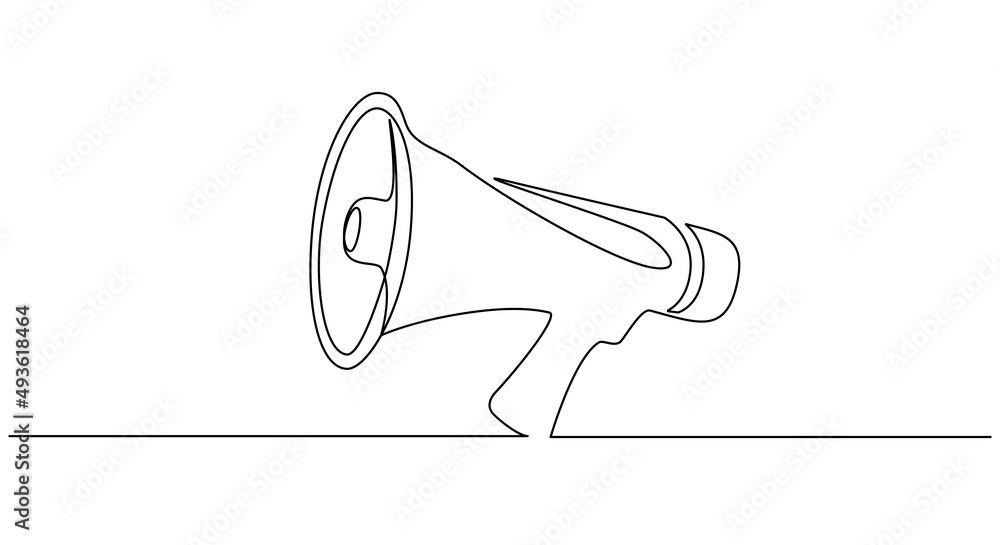 Poster Public horn speaker in One continuous line drawing. Megaphone symbol of marketing promotion in simple linear style. Business concept for attention, hiring and job offer. Doodle vector illustration