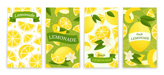 Lemon posters. Cartoon banner with lemonade sour drink, citrus cutted in slices. Vector abstract postcard set