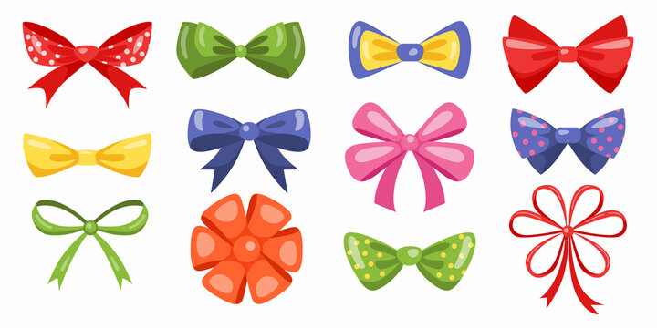 Bow tie ribbon. Cartoon fashion dress accessory, colorful bent ribbon bow. Vector isolated set