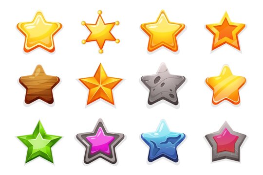 star rating. Cartoon trophy and achievement game interface elements. Vector star icon set