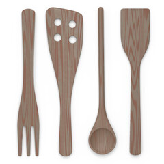 Wooden kitchen utensils, tools and equipment on white background.