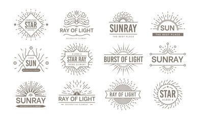 logo. Line minimalistic emblems set with geometric outline sun rays. Vector vintage logos