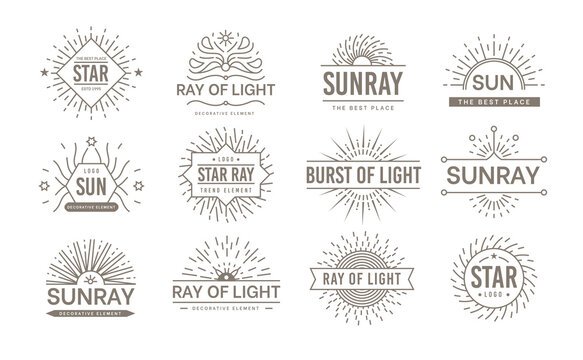 logo. Line minimalistic emblems set with geometric outline sun rays. Vector vintage logos