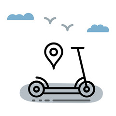 eScooter with GPS Bubble Concept, Kick Start Cycle Route Vector Icon Design, Green transport Symbol, eco Motorized scooty Sign, Mobile app UI, push-scooter and street vehicle stock illustration