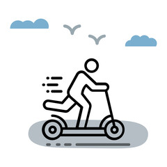 Kid Riding the push Bike on Street Vector Icon Design, Green transport Symbol on white background, eco Motorized scooter Sign, Kick Scooter Concept, push-scooter and street vehicle stock illustration