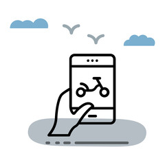 Mobile Application Kick Vehicle Vector Icon Design, Green transport Symbol, Eco Motorized scooter Sign, Push Bike App Operating Concept, push-scooter and street vehicle stock illustration