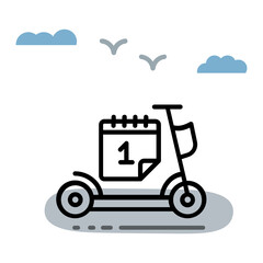 eScooter Booking Rental Concept,  Kick Bike Schedule Calendar Vector Icon Design, Green transport Symbol, eco Motorized scooter Sign, push-scooter and street vehicle stock illustration