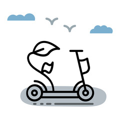 Kick Bike without exhaust fumes Concept, Kick Scooter with Leaf Vector Icon Design, Green transport, Eco Motorized scooty Sign, push-scooter and street vehicle stock illustration