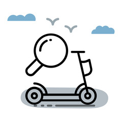Searching for Electric Scooter Ride  Concept, Magnifying glass with Kick Bike Vector Icon Design, Green transport Symbol, Eco Motorized scooter Sign, push-scooter and street vehicle stock illustration